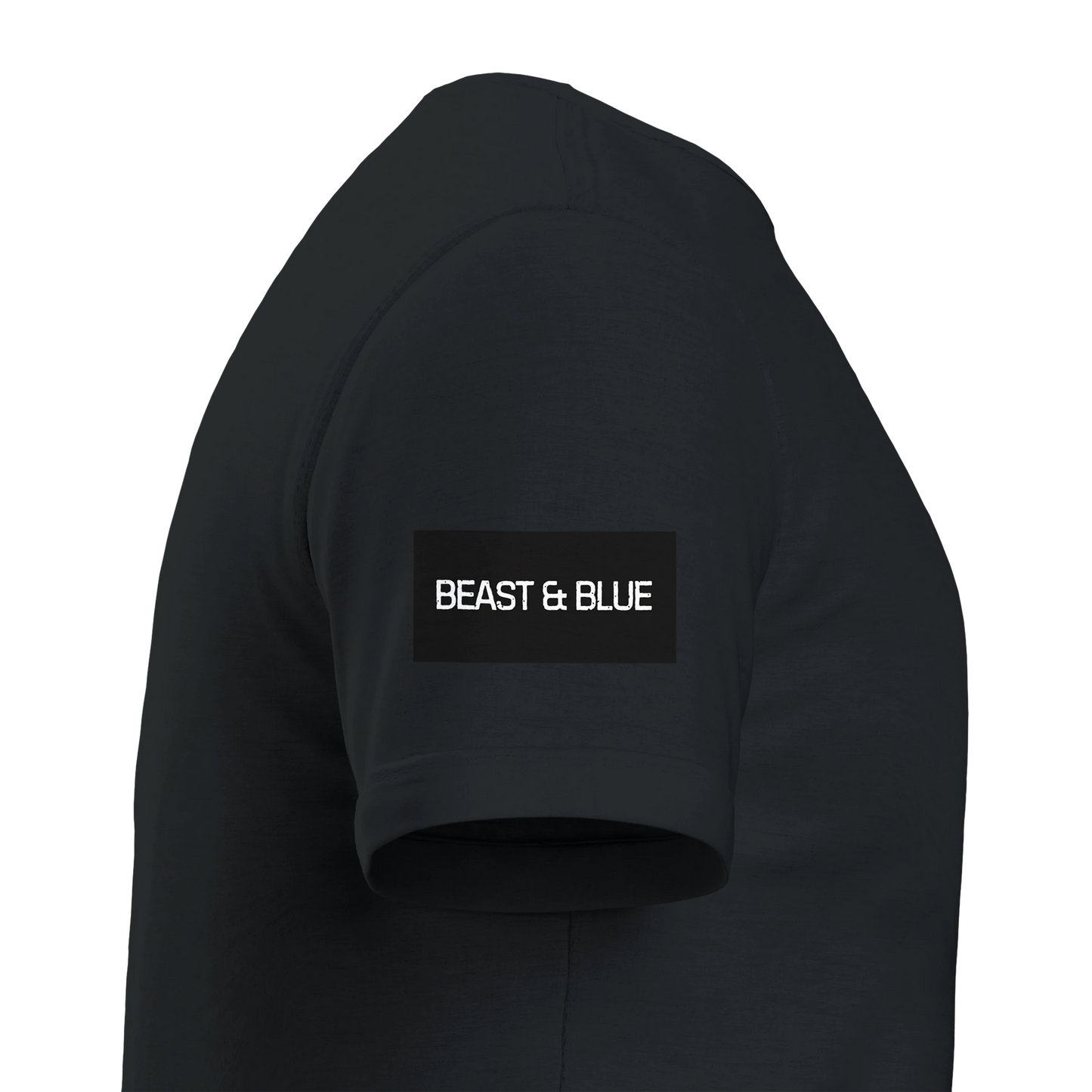 svart tröja visad från sidan med en svartvit logga med texten beast and blue