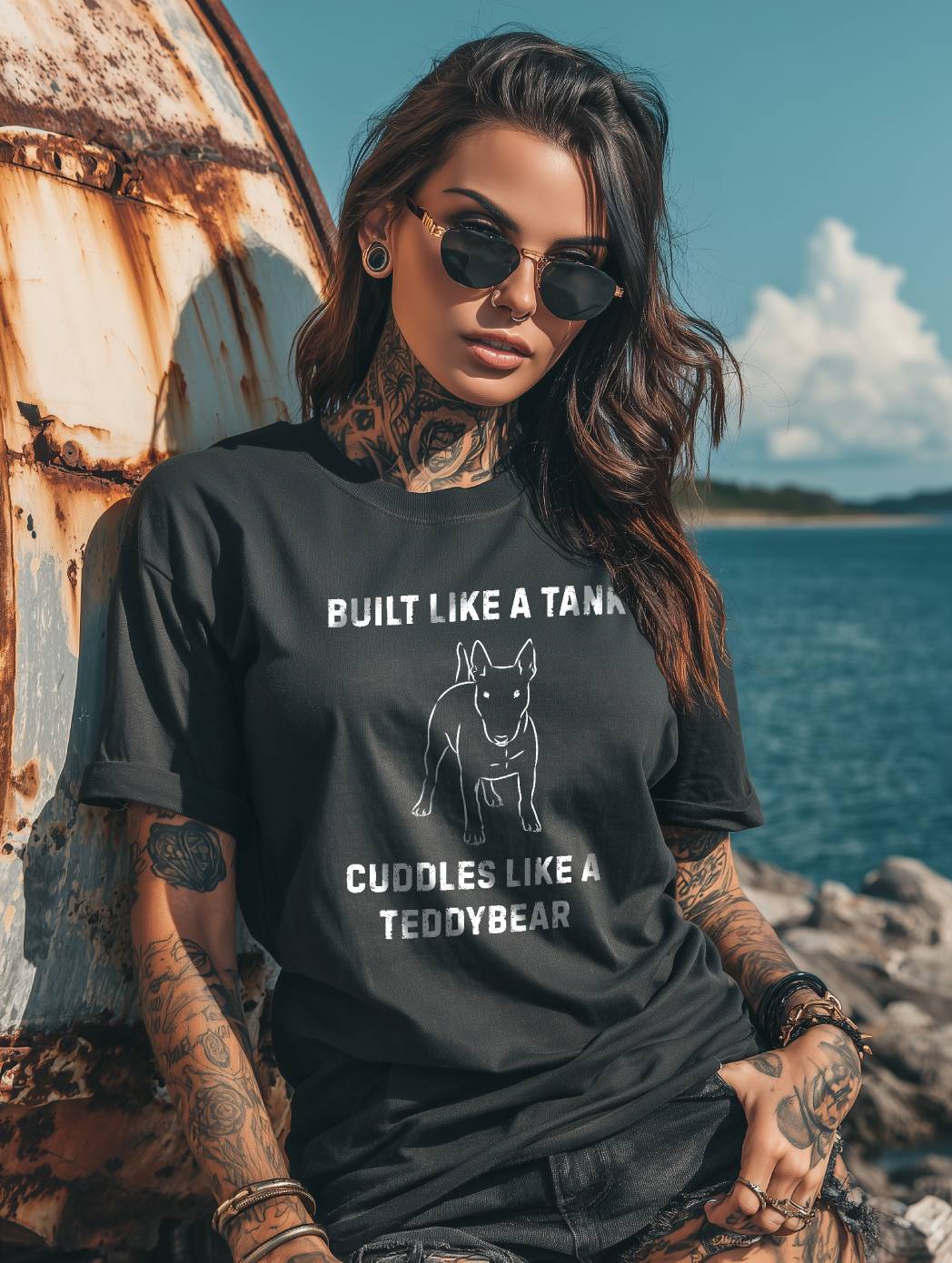 tjej som står i solen med solglasögon och en svart t-shirt med texten built like a tank cuddles like a teddybear