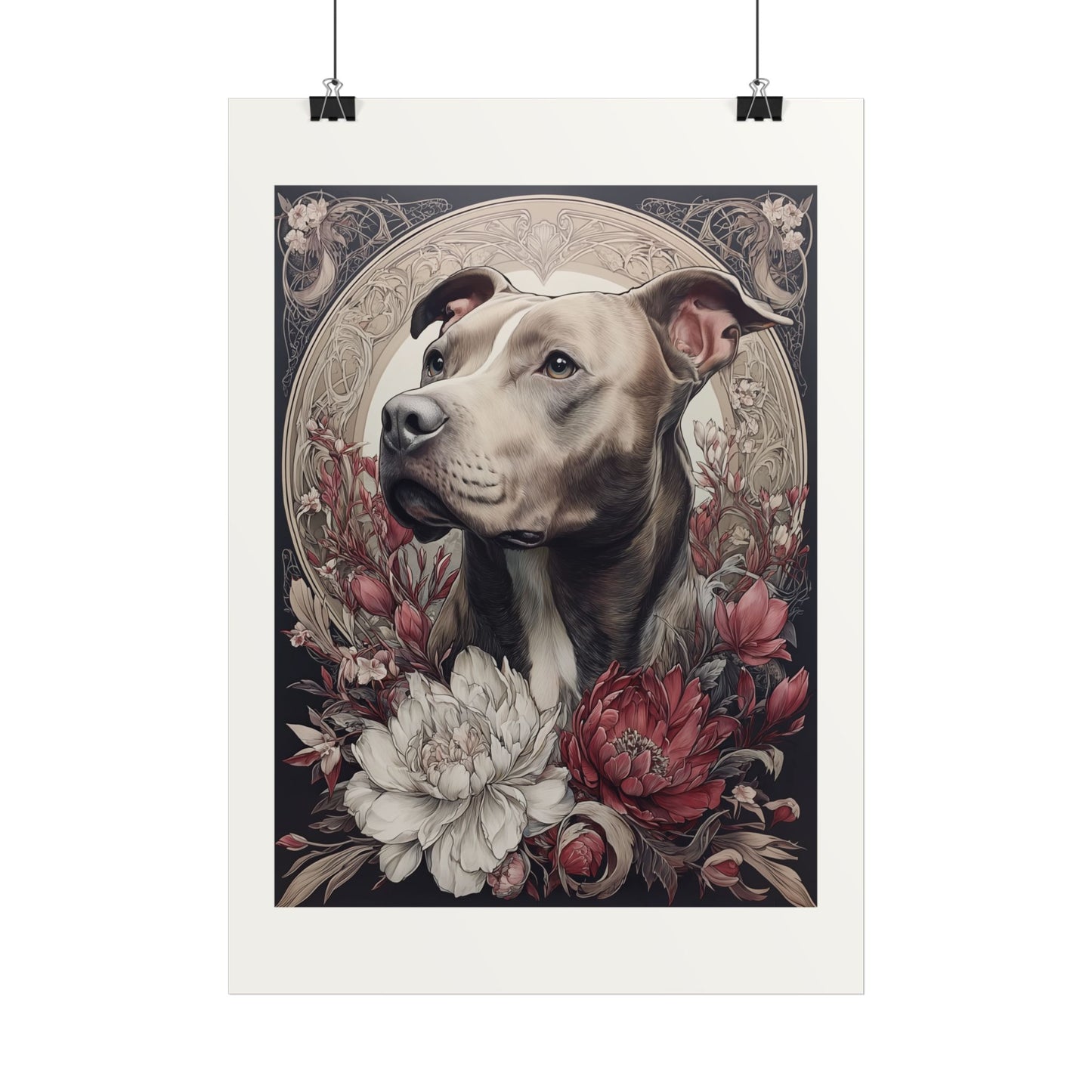 pitbull art nouveau poster print vita och röda blommor