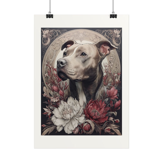 pitbull art nouveau poster print vita och röda blommor