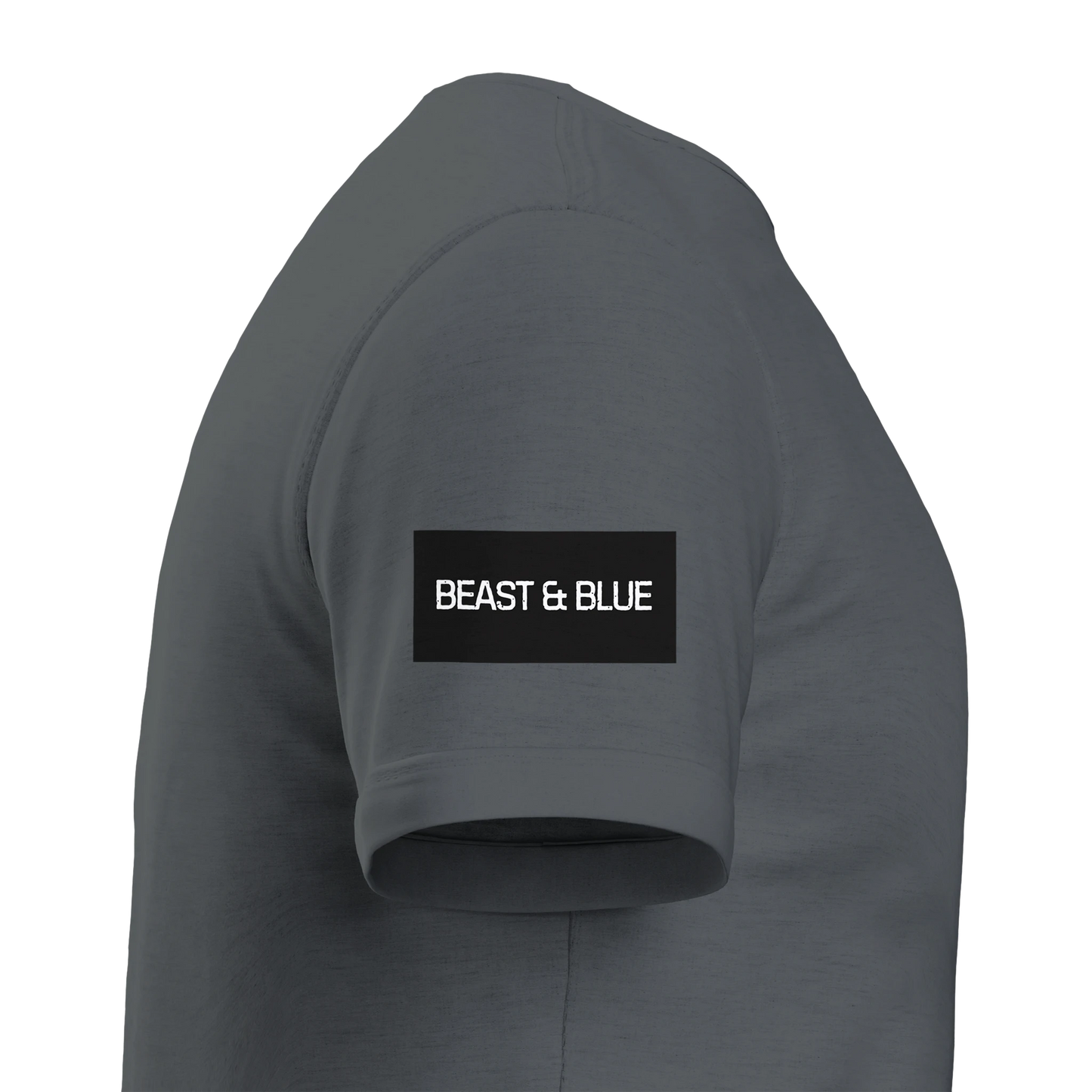 grå t-shirt visad från sidan med en svart logga med texten beast and blue