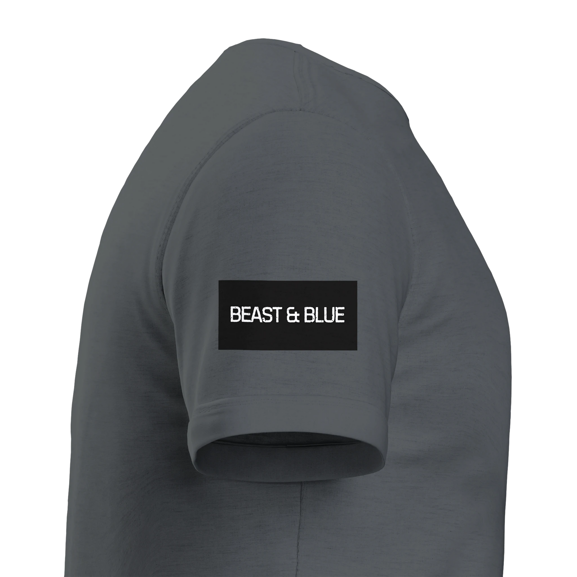 grå tröja visad från sidan med en svart logga med texten beast and blue