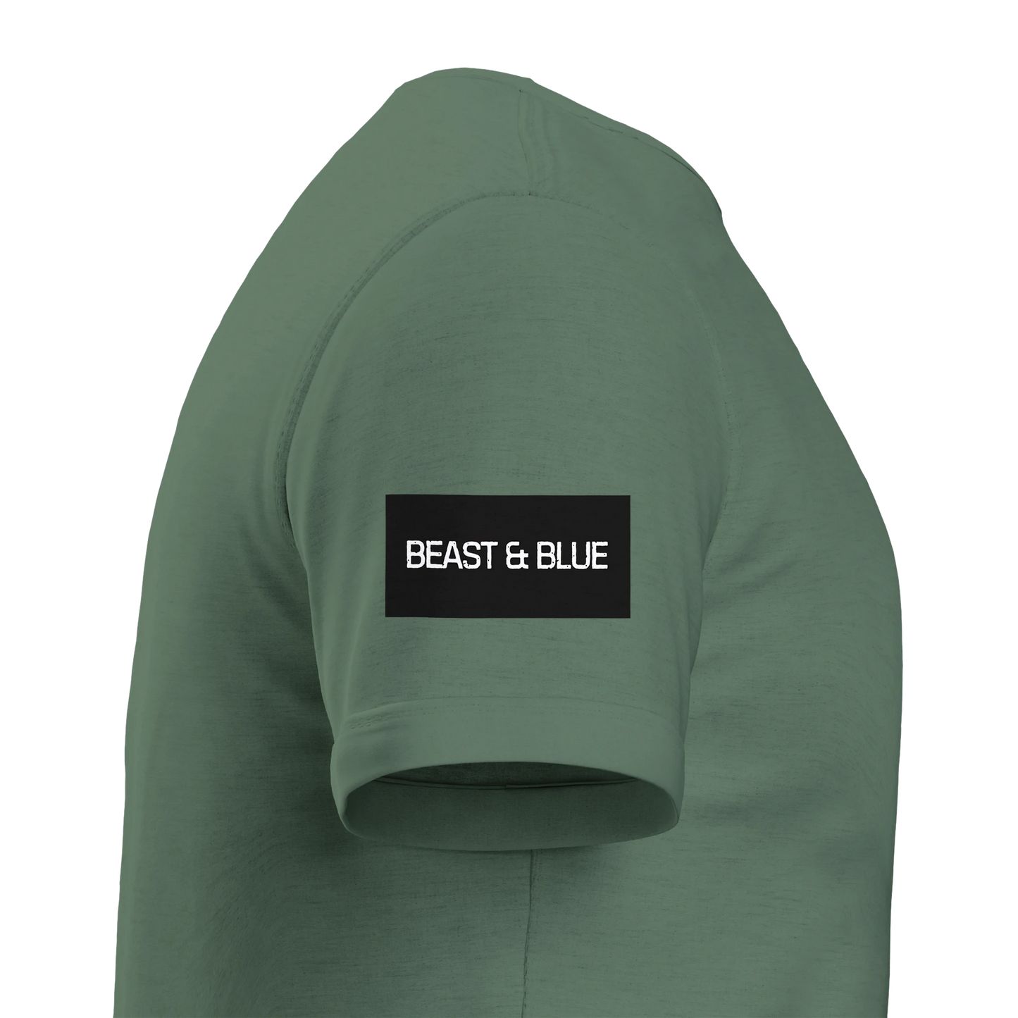 tröja visad från sidan med en svart logga och texten beast and blue