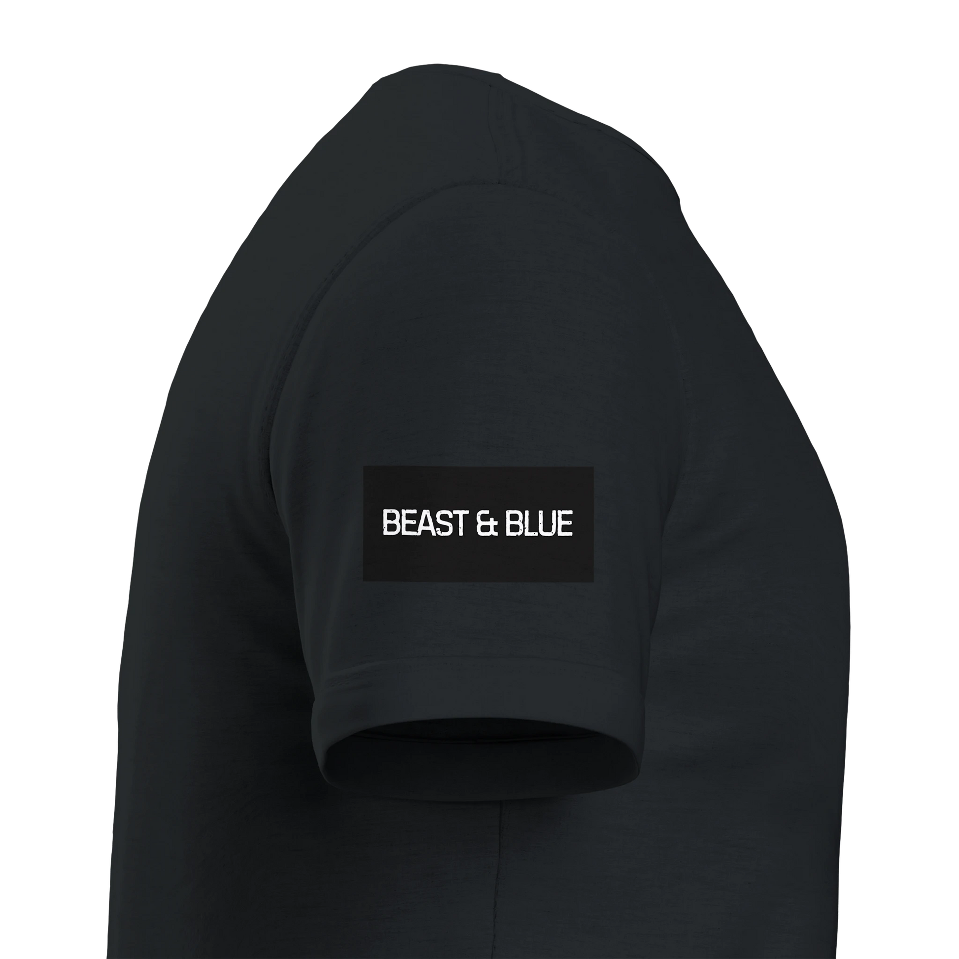 svart tröja visad från sidan med en svartvit logga med texten beast and blue