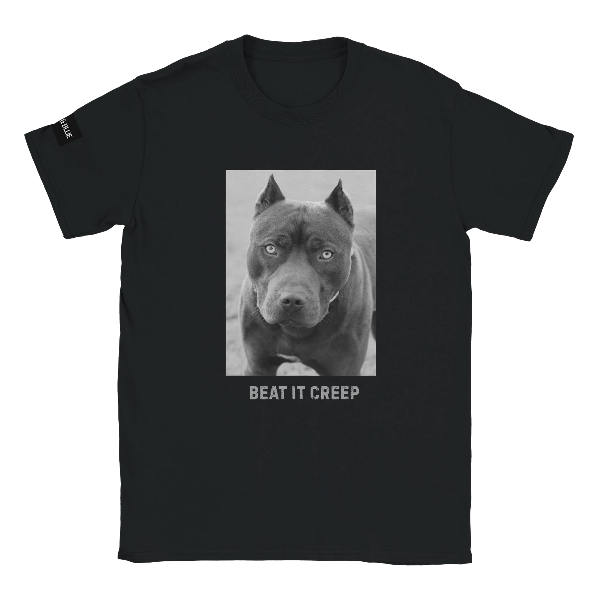 svart t-shirt med en xl bully hund och texten beat it creep