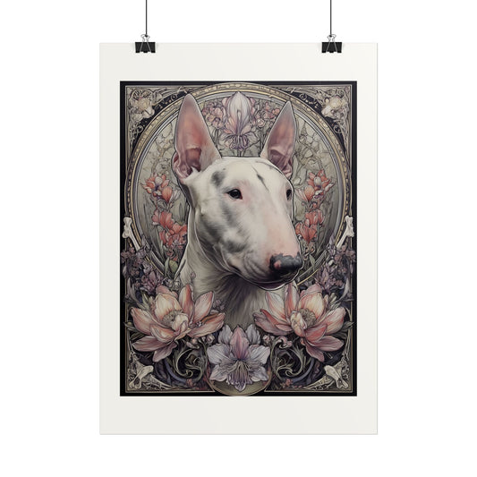 print art nouveau vit bullterrier med rosa blomram