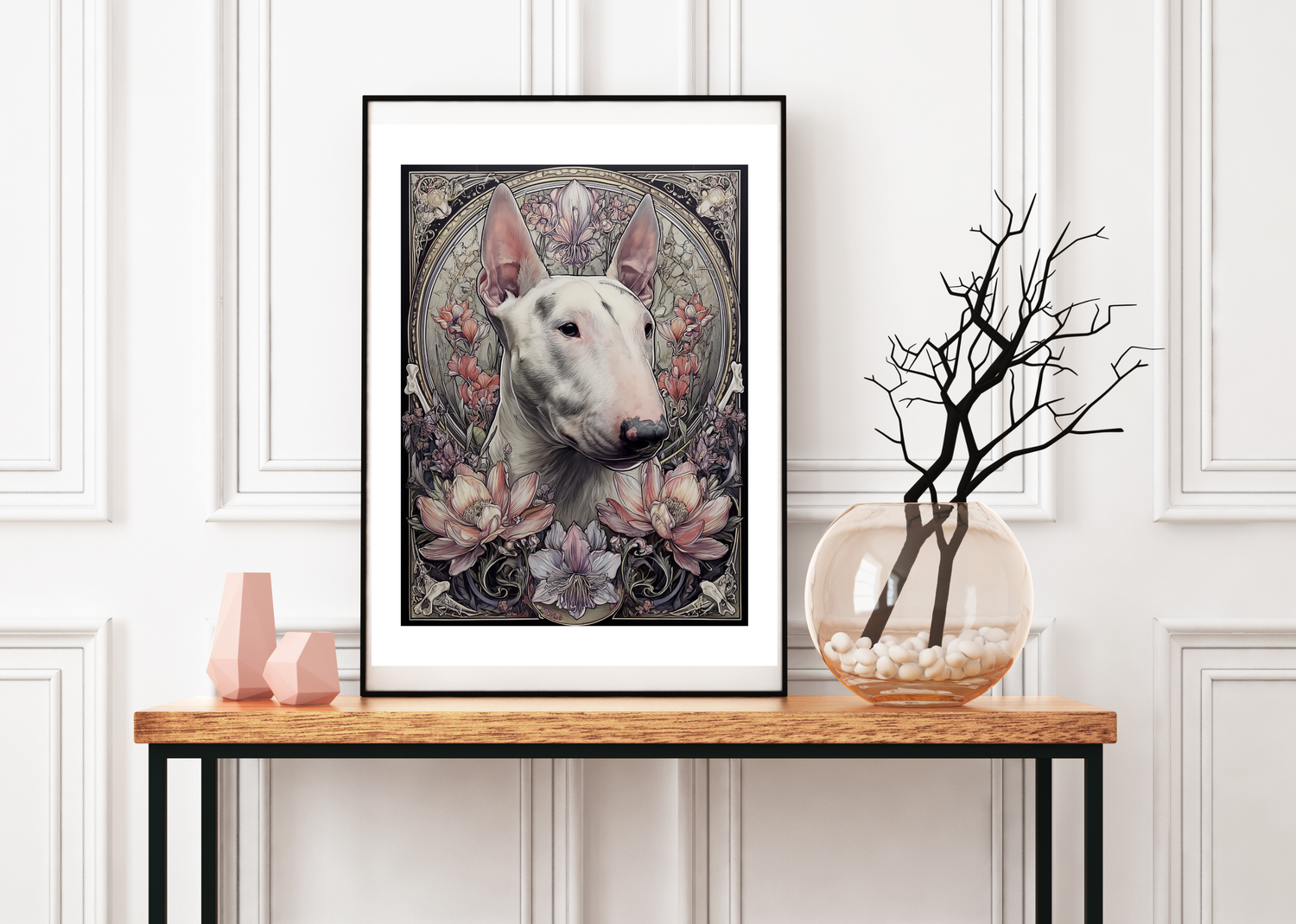 tavla med vit bullterrier på en bänk